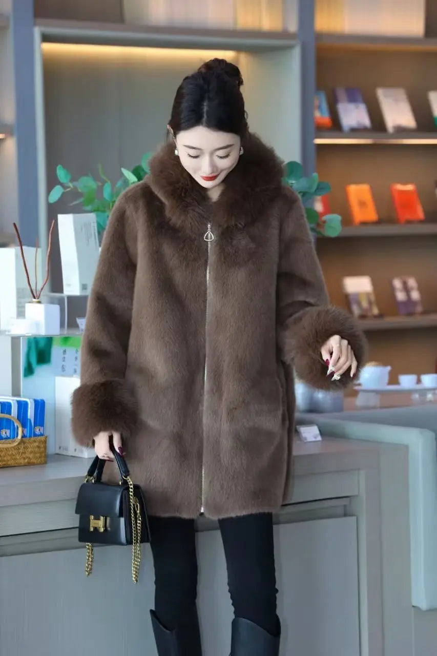 Faux Mink Fur Coat for Women,Zippers Jacket,Female Clothes,Fur Collar,Thick Warm,Autumn and Winter,2025