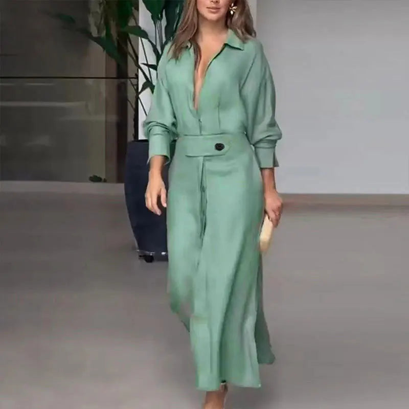 Autumn Elegant Long Sleeve V Neck Shirt Dress for Women