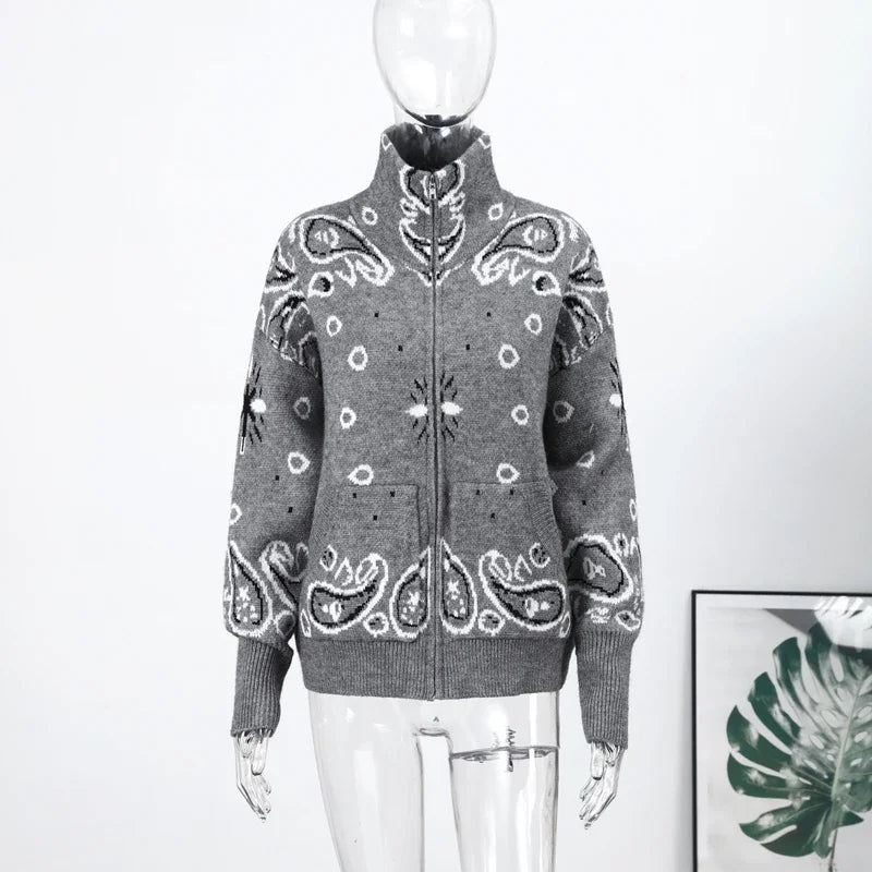 Loose Jacquard Cardigan With Stand Collar And Zipper Pockets For Women