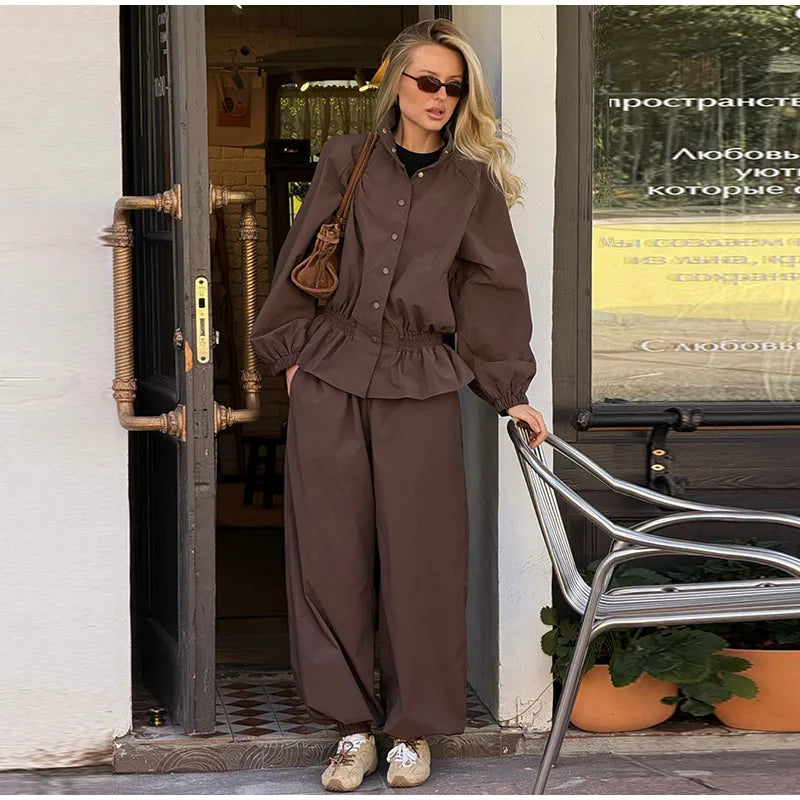 Ruffle Hem Jacket and Jogger Pants Two Piece Set for Women