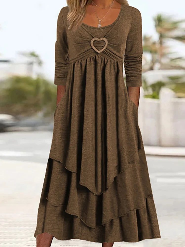 Long Sleeve Patchwork Midi Dress With Pockets for Women