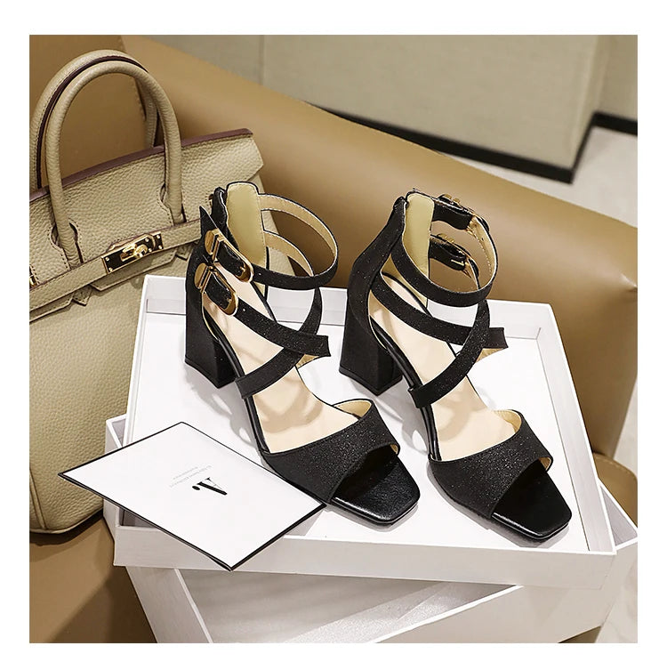 Square Heel Buckle Cross Strap Sandals