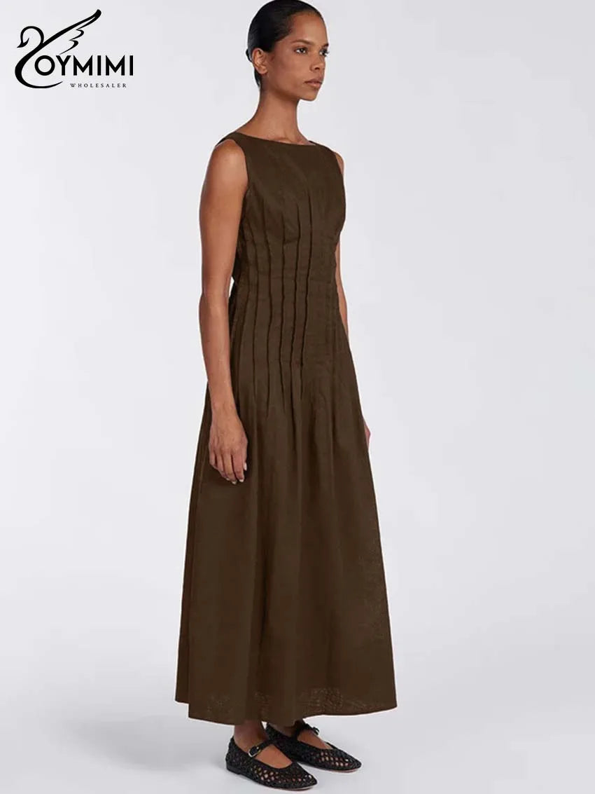 Oymimi Casual White Cotton Womens Dresses Fashion O-Neck Sleeveless Solid Dresses Elegant Open Back Ankle-Length Dress Female