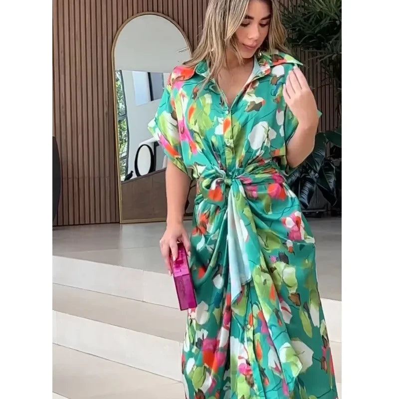 Printed Button Front Ankle Length Shirt Dress with Belt for Women