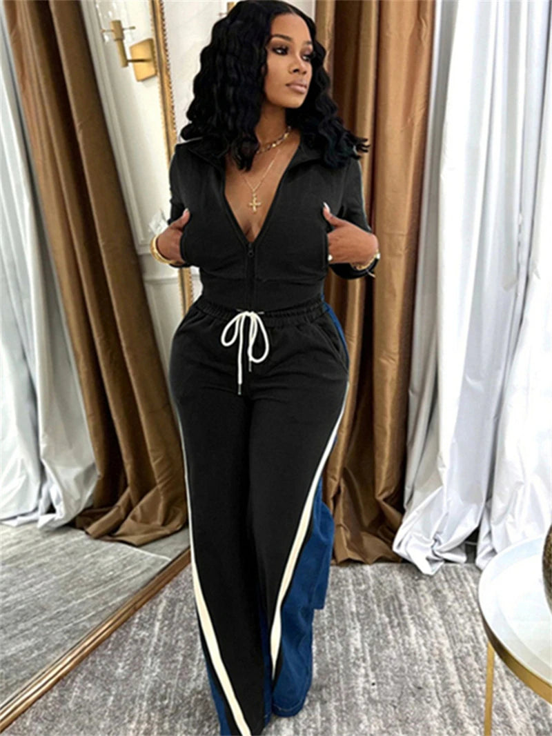 Colorblock Zip Top And Patchwork Pants Set for Women