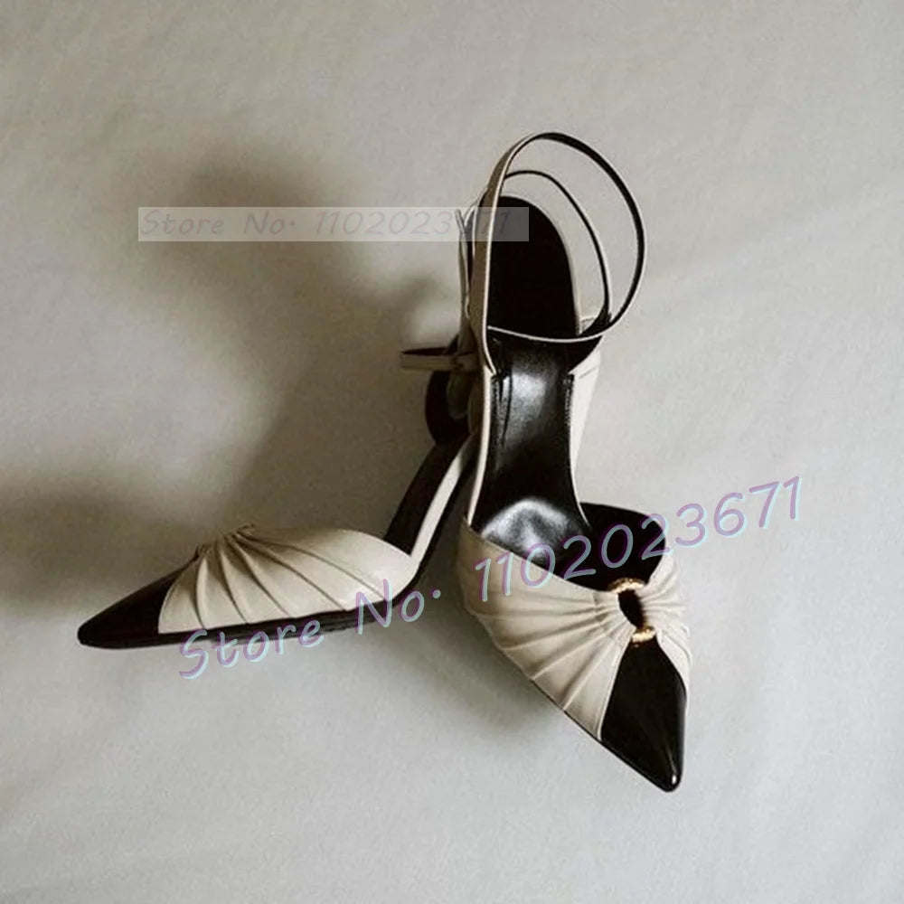 Pointy Metal Ring White Sandals Women Mixed Color Spike High Heels Elegant Work Shoes Office Lady 2023 Summer Bow knot Shoes