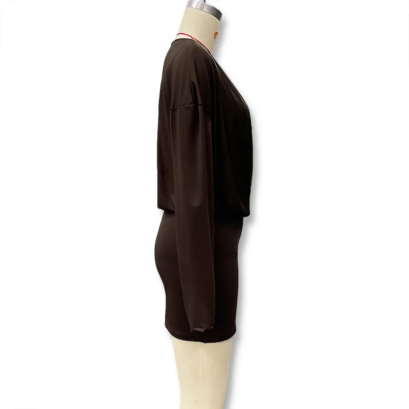 Solid Color Long-Sleeved V-Neck Mini Dress for Women