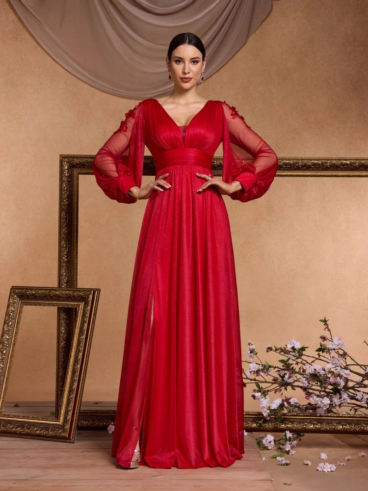 Elegant Slit Formal Applique Chiffon Evening Dress Luxury 2025 Women Long Mermaid V-neck Caicktail Gown Wedding Party Prom