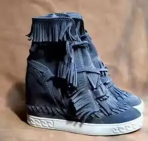 Girls Beige Black Gray Pink Suede Genuine Leather Round Toe Tassel Fringed 8 CM Height Increasing Wedges Sneakers Ankle Boots