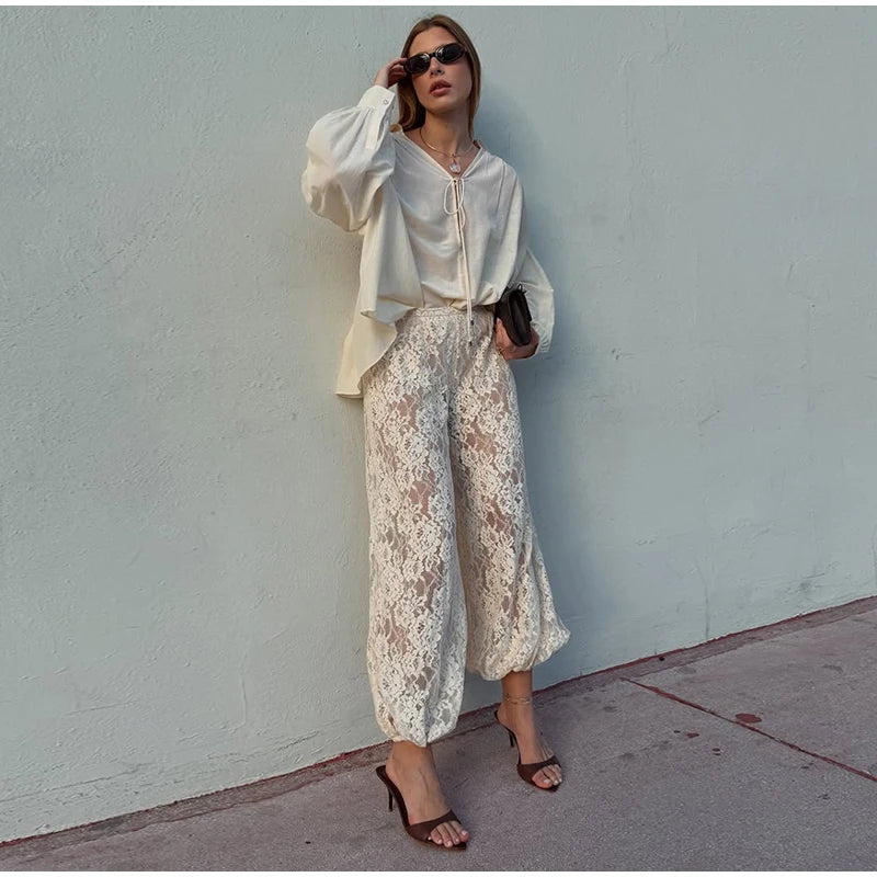 Bohemian Lace Trim Elastic Waist Lounge Pants for Women