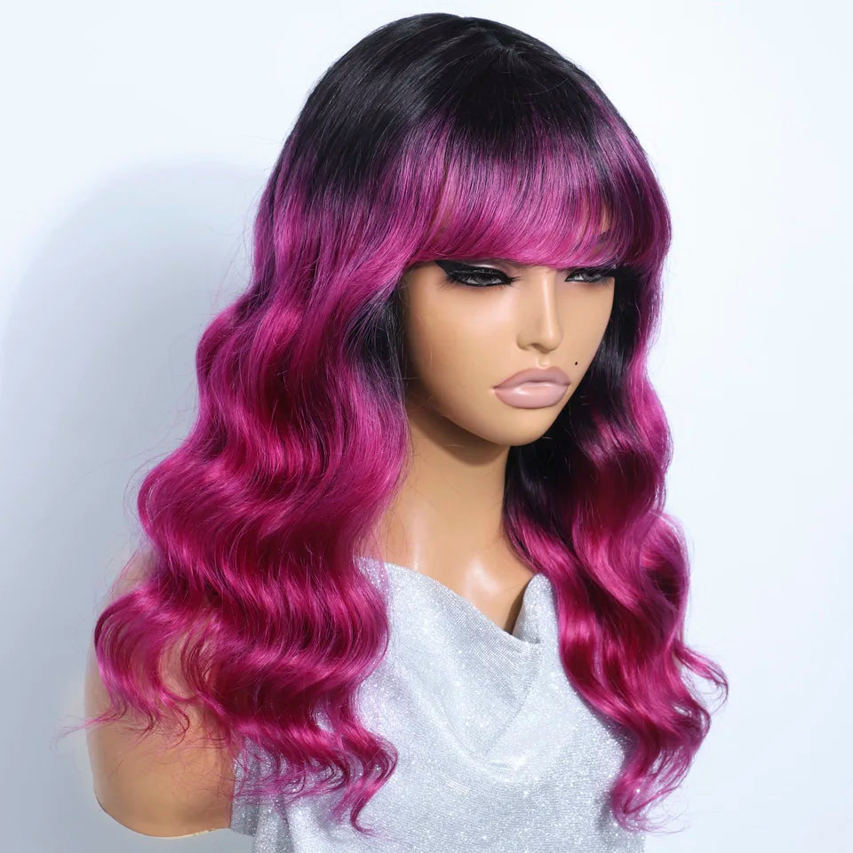 Long Purple Body Wave Human Hair Wig With Bangs for Women