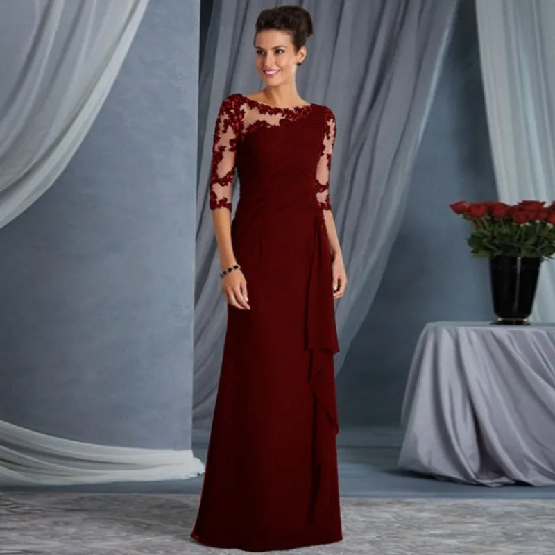 Elegant Lace Patchwork Mid Sleeve Long Dress for Women