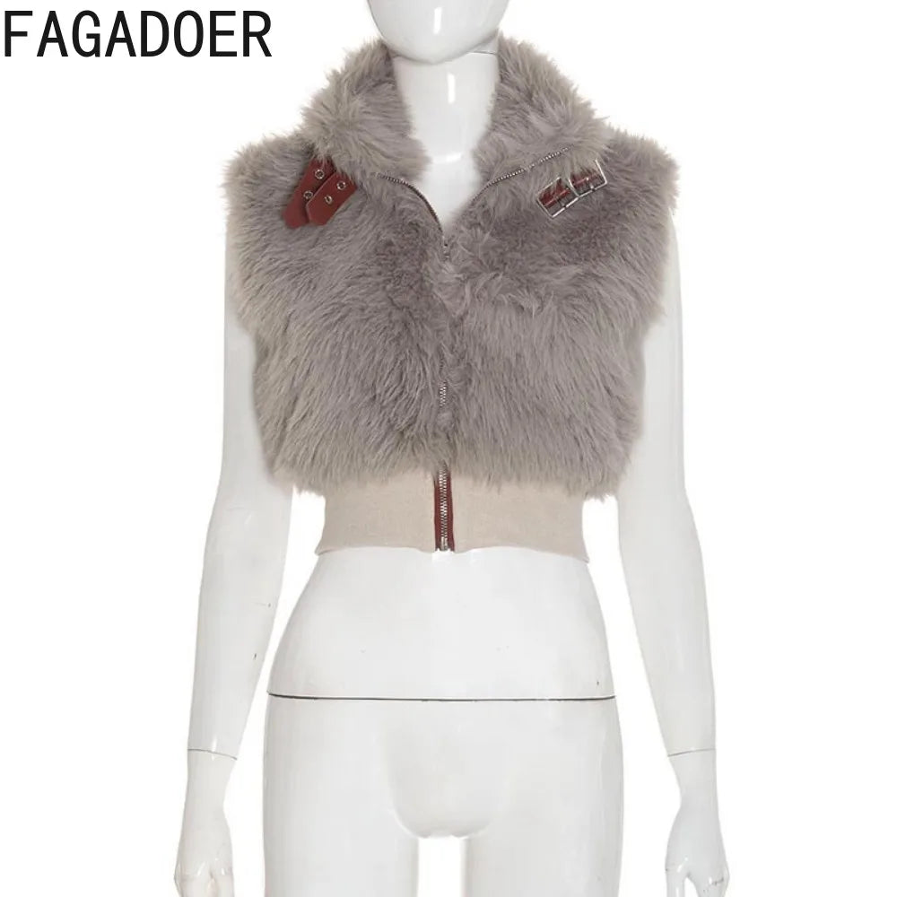 Faux Fur Patchwork Sleeveless Zipper Vest for Women