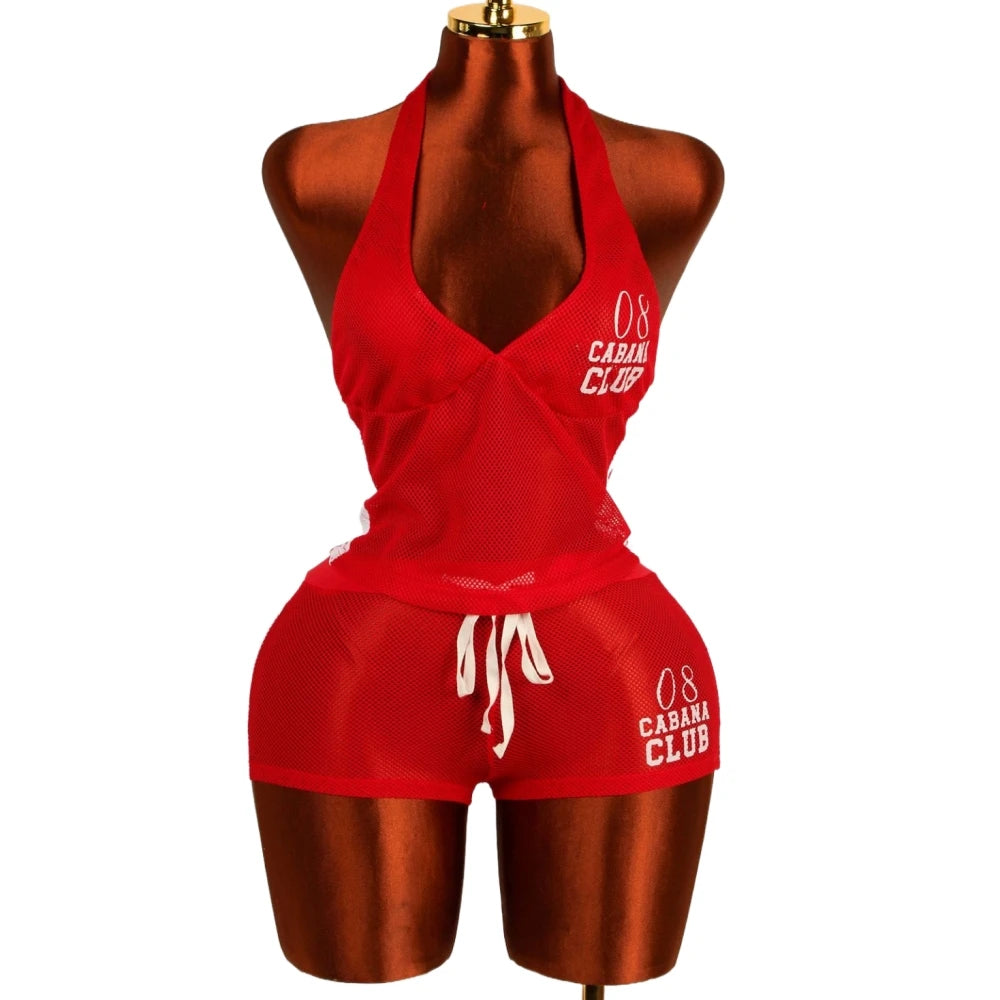 Two Piece Set + Red Mesh Letter Print Halter Crop Top And Drawstring Shorts + Y2K Streetwear