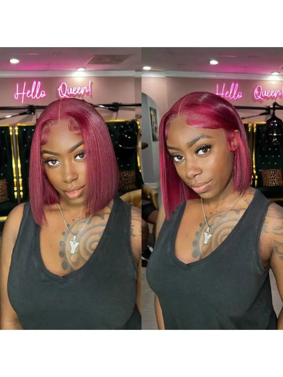 Elegant Burgundy Straight Lace Front Human Hair Bob Wig for Women