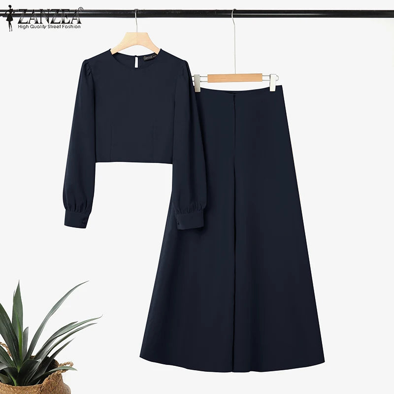 2025 Autumn Pant Sets ZANZEA Fashion 2PCS Women Outfits Solid Tracksuits Suit Long Sleeve Blouses Wide Leg Trousers 2 Piece Set