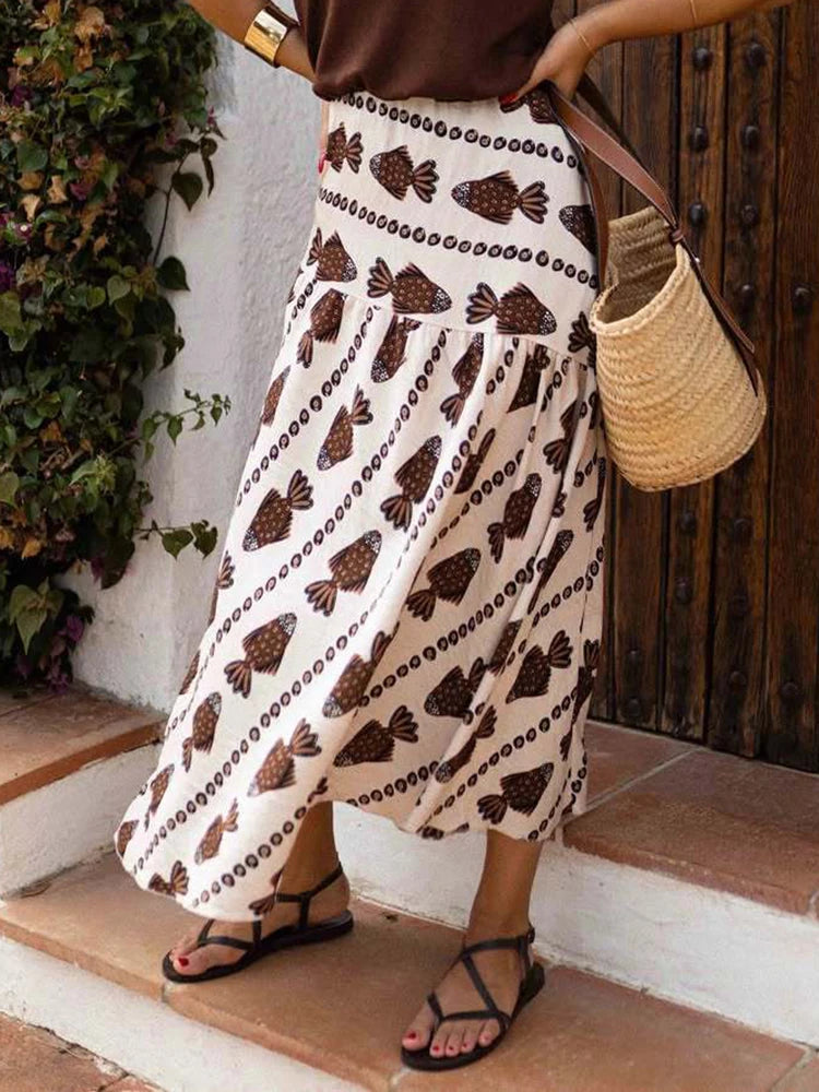 Women Autumn Beach Style Sexy Skirts, 2025 Patchwork Chic Elegant Fashion Skirts, Holiday Simple Retro Print Ladies Maxi Skirts