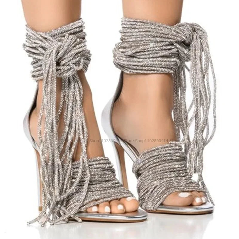 Open Toe Rope Detail Stiletto Sandals Front and Rear Straps for Women