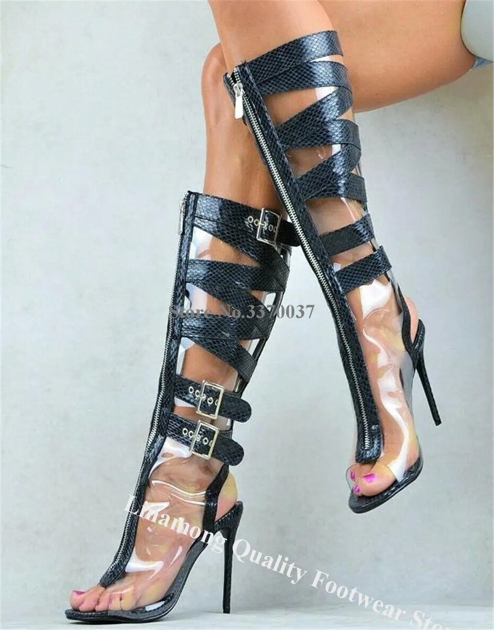 Peep Toe Stiletto Heel Knee High Gladiator Boots for Women