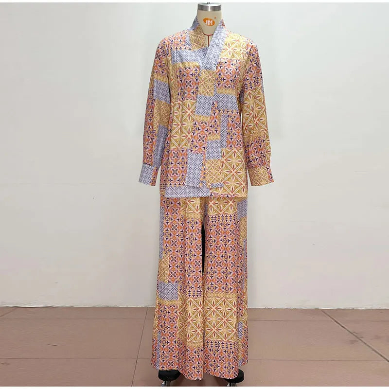 Casual Print Long Sleeve V-Neck Top Wide-Leg Trousers Two-Piece Set for Women