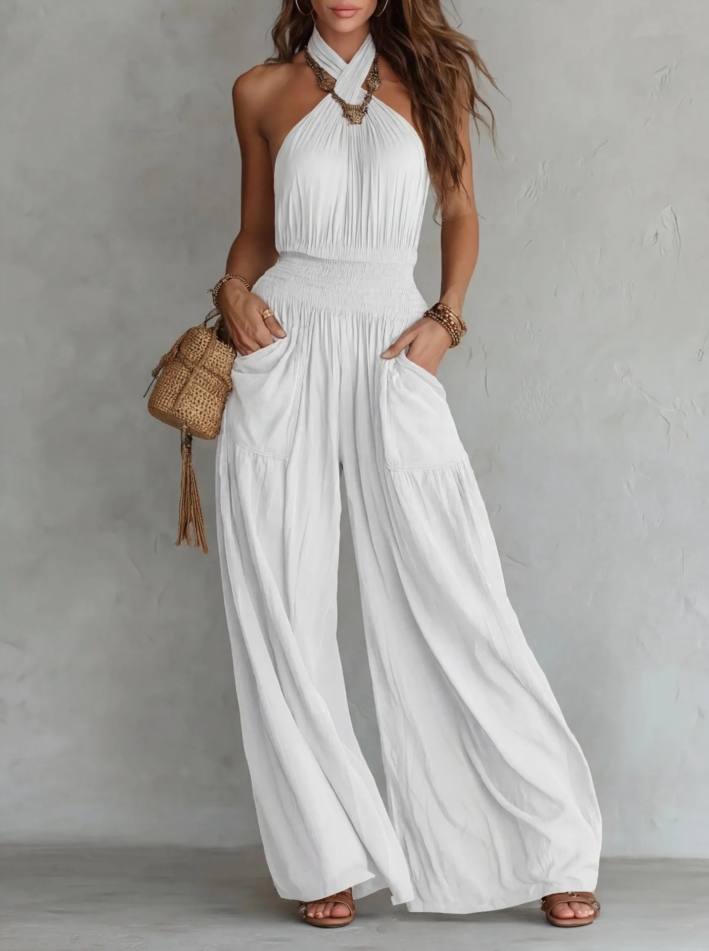 Halter Neck Solid Color Smocked High Waist Wide Leg Pockets Jumpsuit for Women