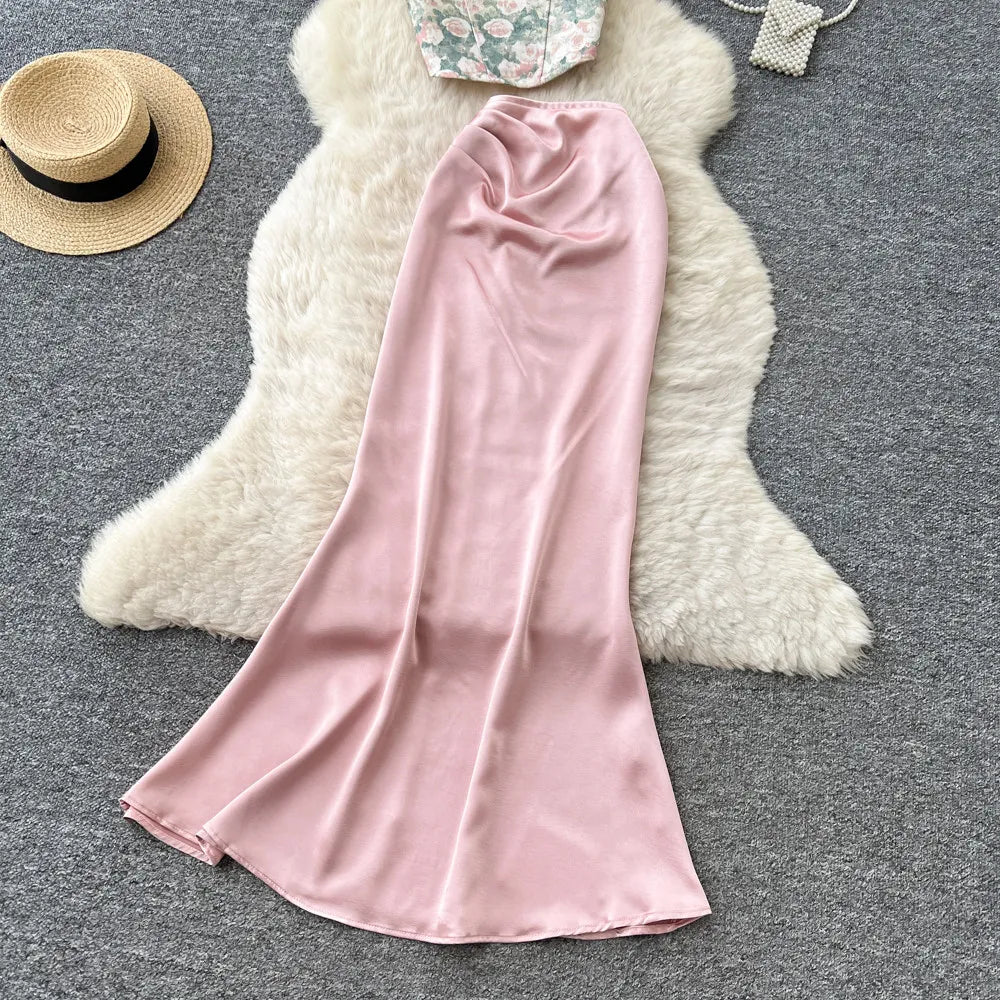 Bow Floral Satin Cami And Mermaid Skirt Set for Women