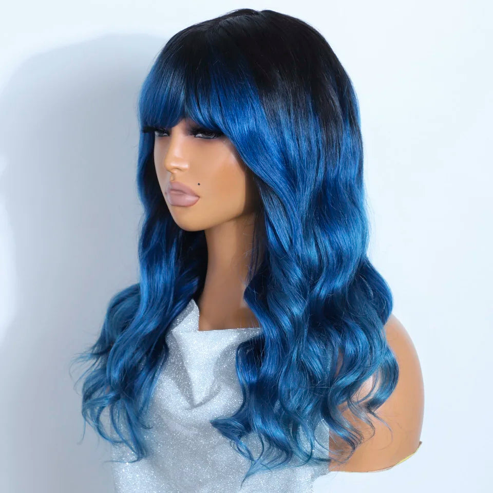 Long Body Wave Human Hair Wig With Bangs for Women