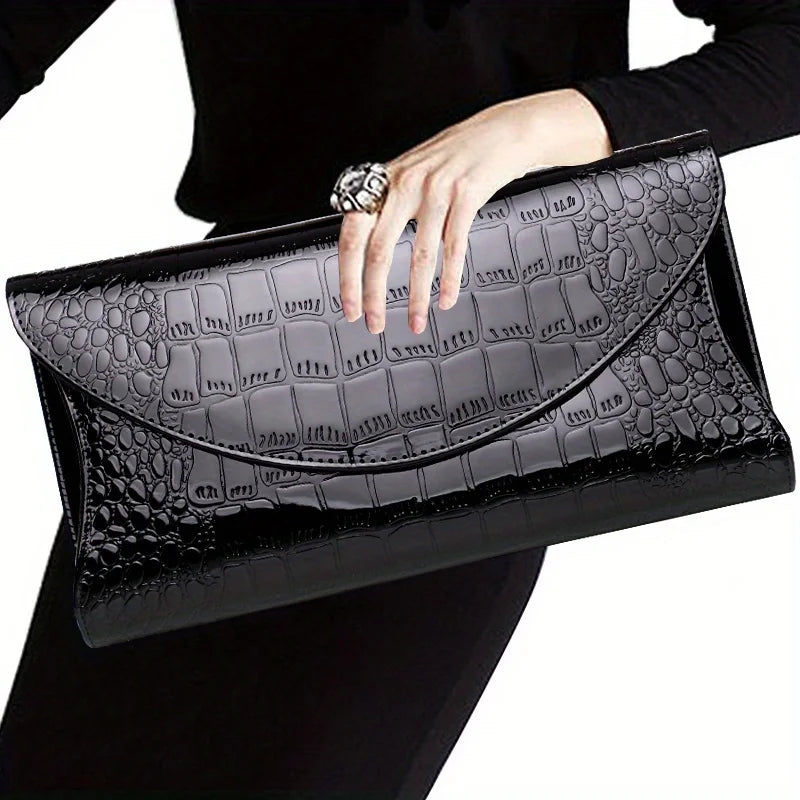 Large Capacity Crocodile Print Patent Leather Clutch Bag for Women