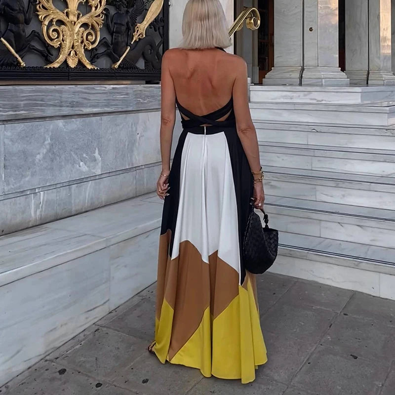 Bohemian Patchwork Backless Halter Dress for Women