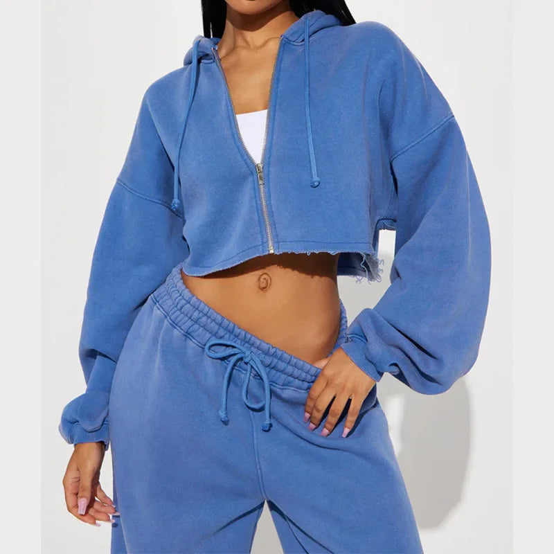 Hooded Cropped Sweatshirt And Long Pants Set for Women