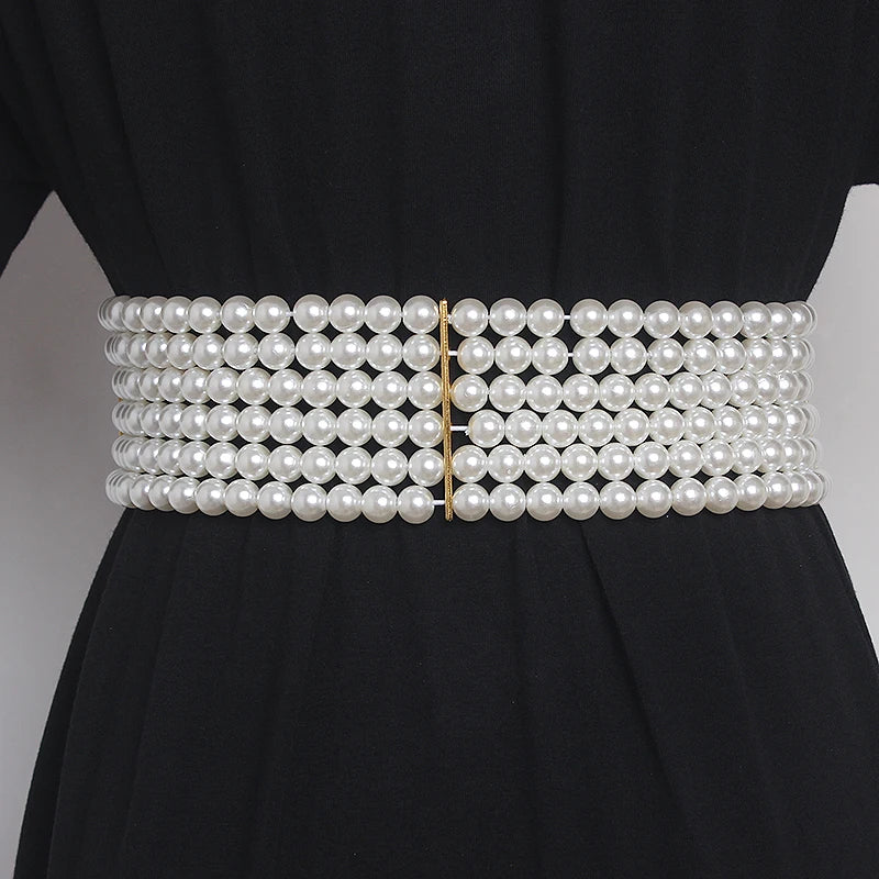 Pearl Embellished Elastic Waist Chain Belt for Women