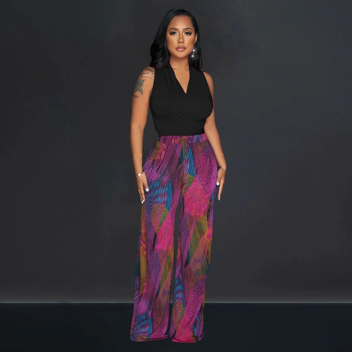 CM.YAYA Women's Set Wrap V-neck Tie Up Tank Top and Galaxy Striped Wide Leg Pants 2023 Street Two 2 Piece Sets Outfits Tracksuit