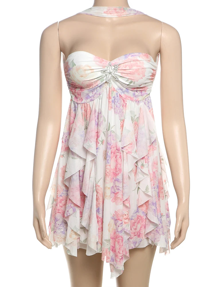 Nibber Backless Metal Starfish Dress Women Low-Nec Chest Wrap Halter Irregular Ruffles Hem Sleeveless Vacation Mini Bodycon