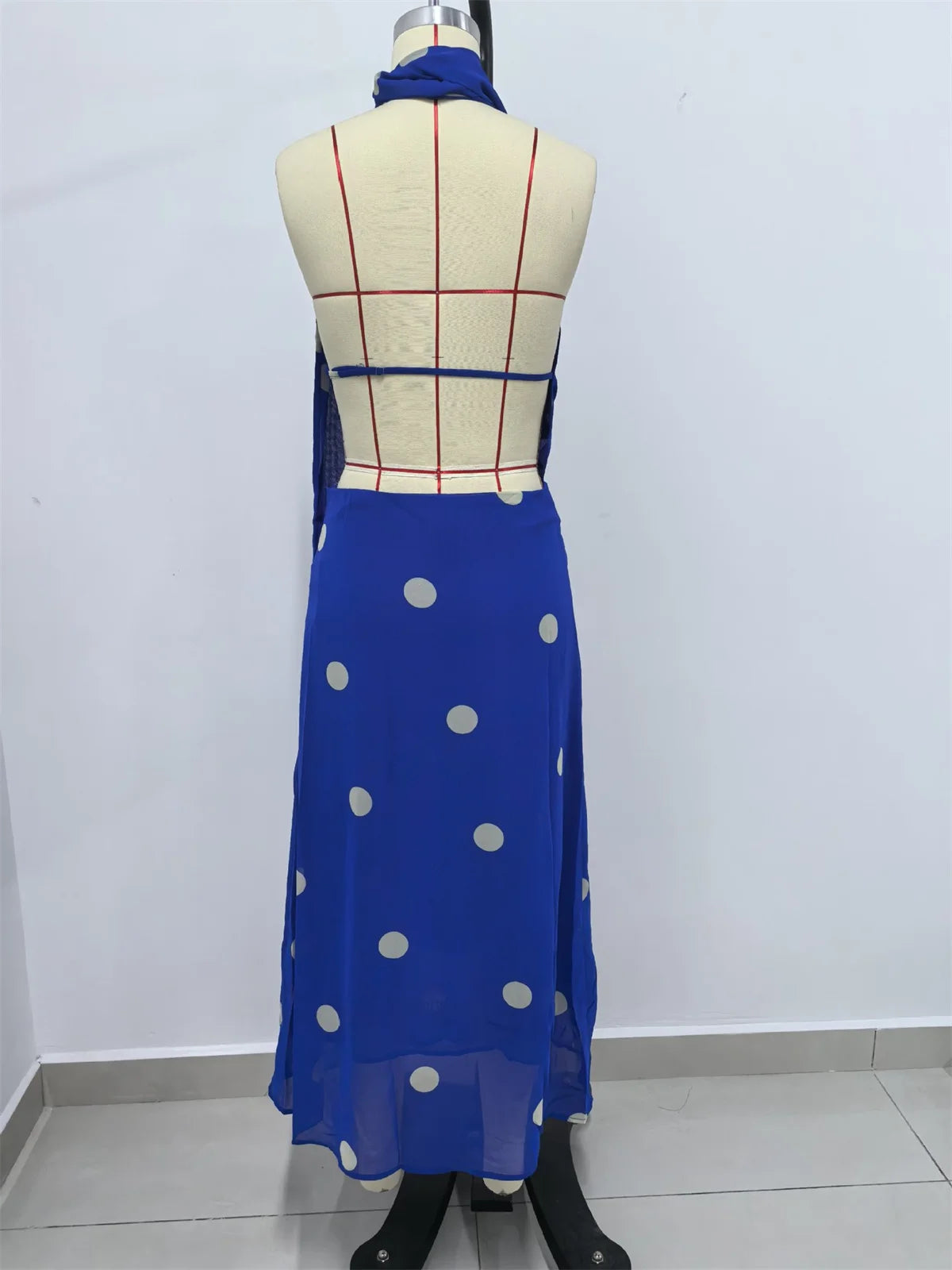 Vintage Polka Dot Backless Halter Maxi Dress for Women