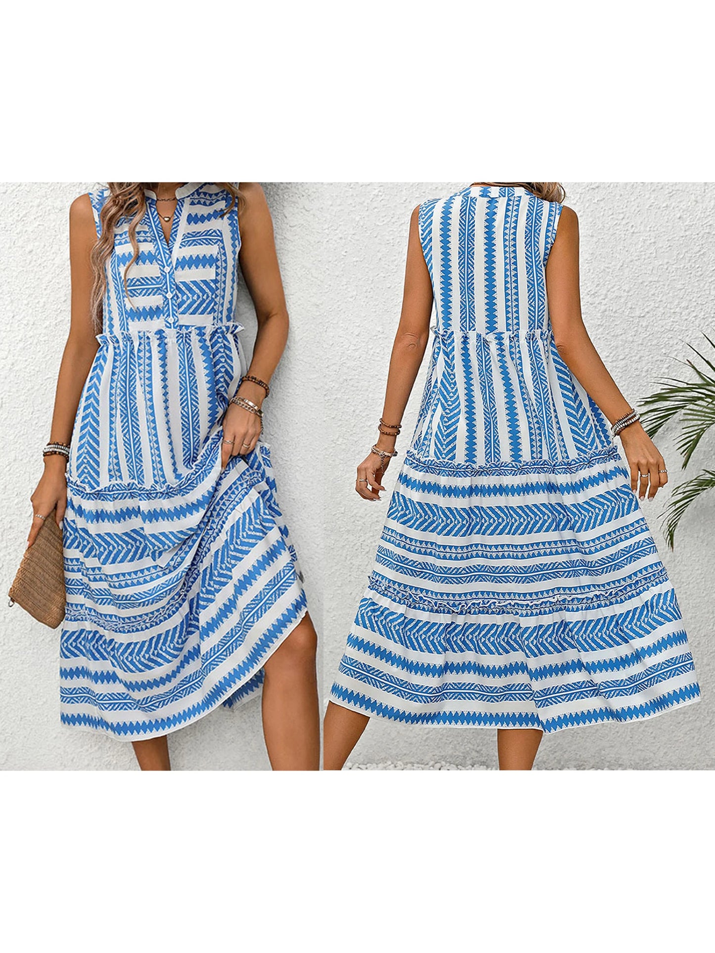 Women Summer Sleeveless Dress Casual Geometric Print Button V-Neck Party Dress for Beach Club Streetwear