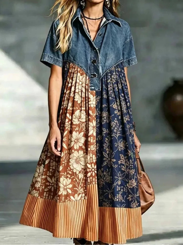 Leopard Print Denim Panel Maxi Dress