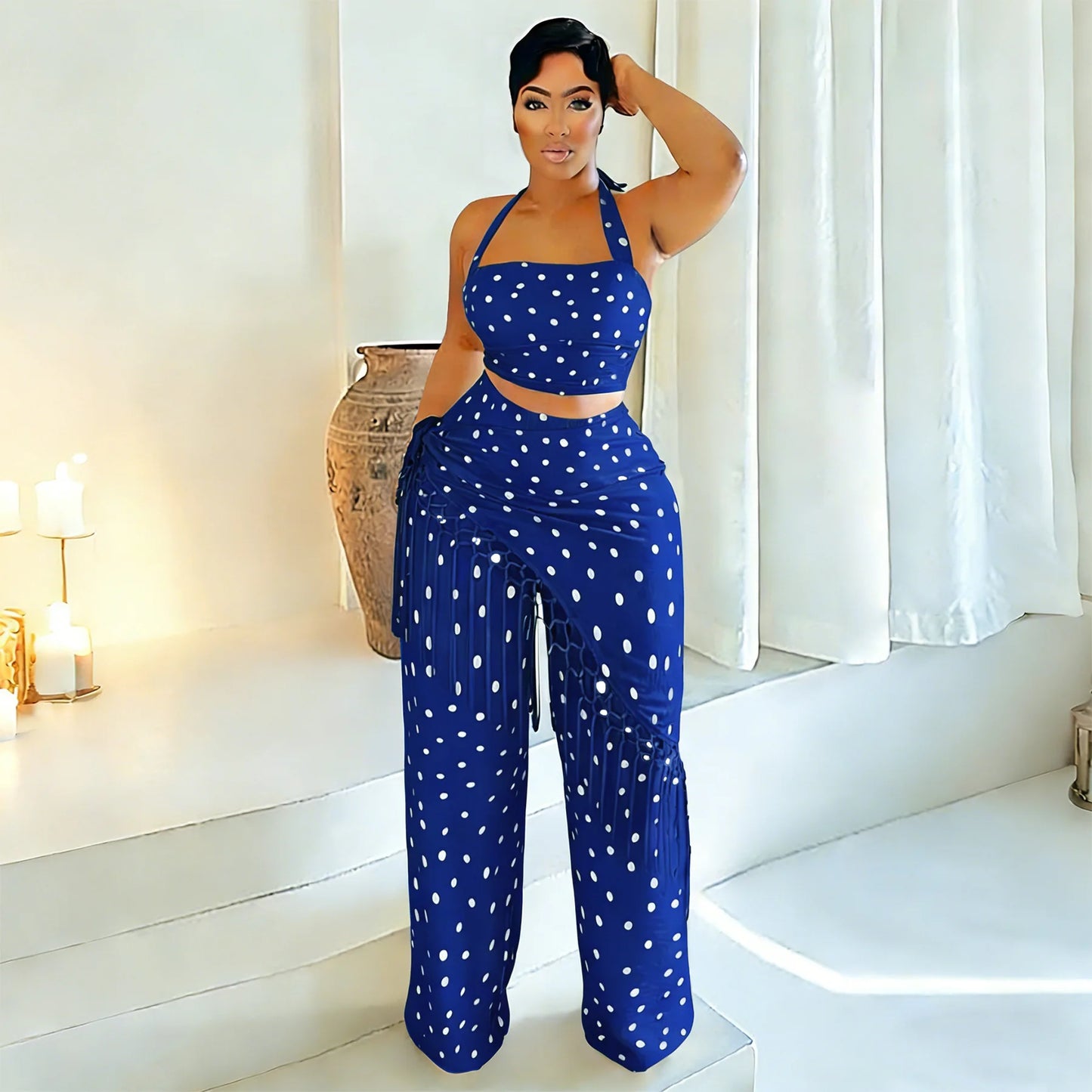 Polka Dot Print Halter Crop Top Tassel Fringe Two Piece Outfit for Women