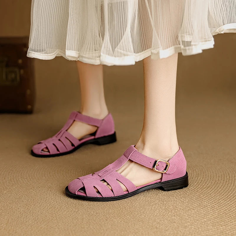 Retro Cowsuede Buckle Strap Closed Toe Sandals for Women