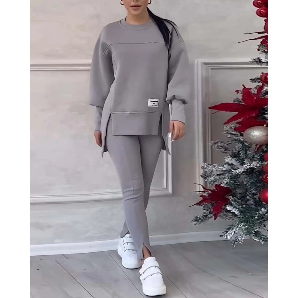 Sporty O-neck Long Sleeve Asymmetrical Sweatshirt & Skinny Pants Set Two Piece Outfits Tracksuit Sets Fall Clothing