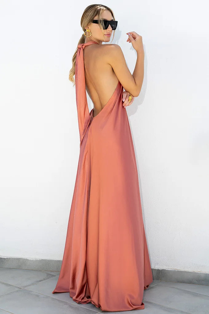 Backless Halter Neck Satin Evening Dress for Women