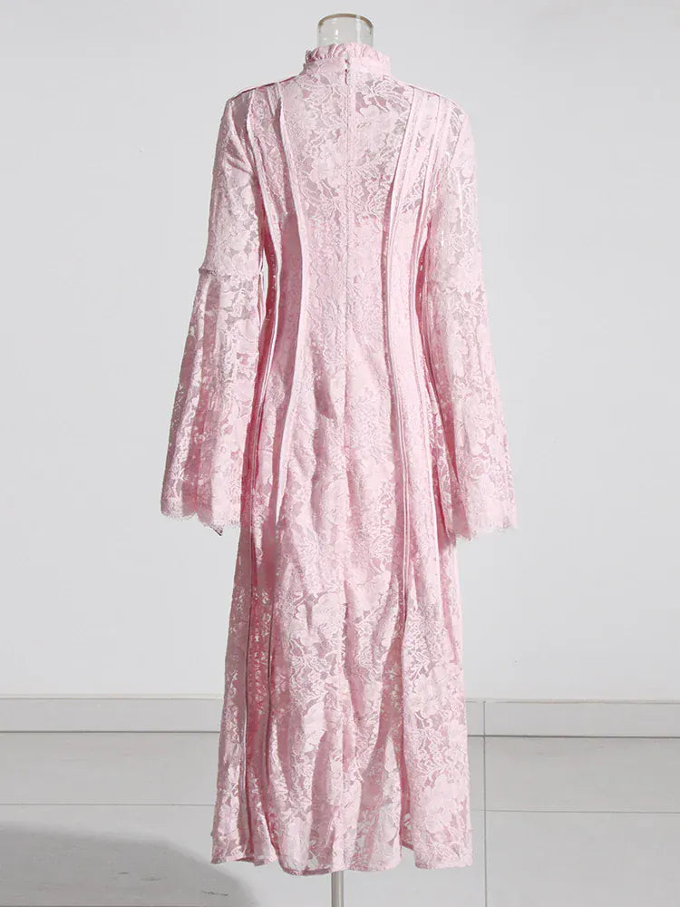 TWOTWINSTYLE Patchwork Lace Slimming Dresses For Women Stand Collar Flare Sleeve High Waist Solid Elegant Dress Female Fashion