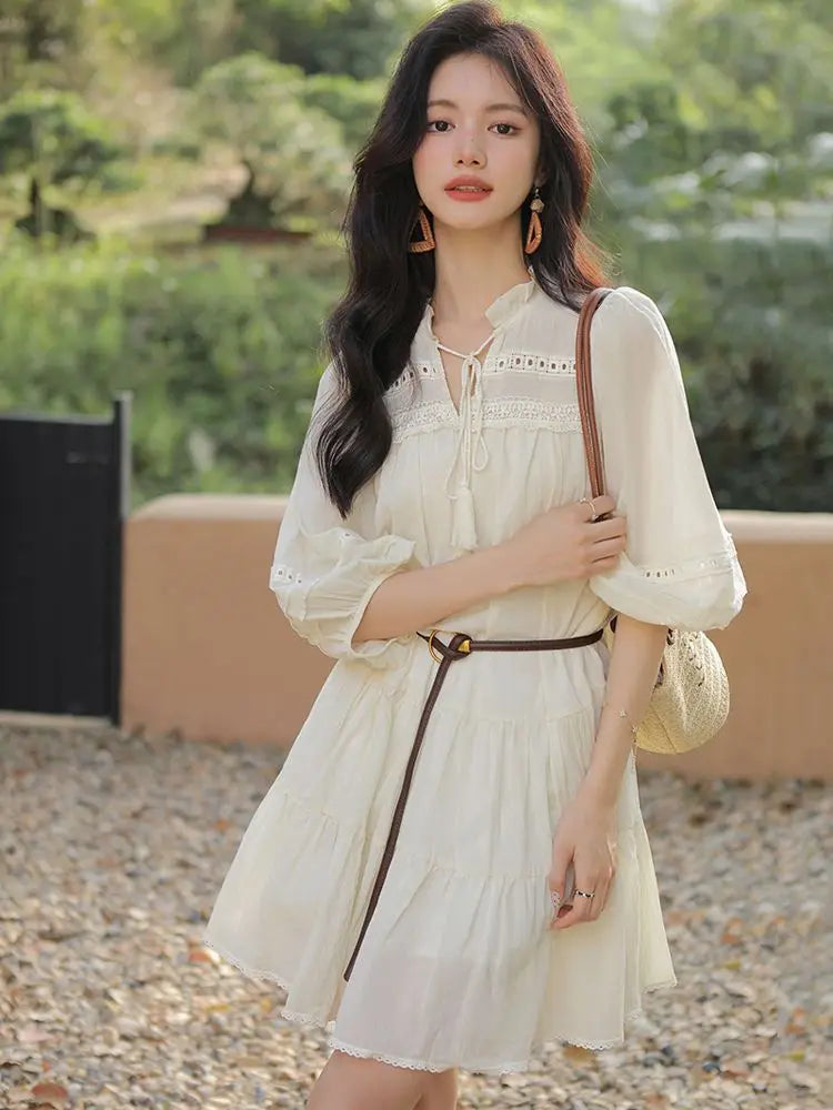 Vacation Style Boho Chic Lace Up Midi Dress for Women
