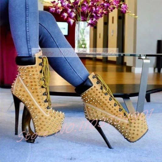 Studded Yellow Suede Lace Up Platform Ankle Boots for Women