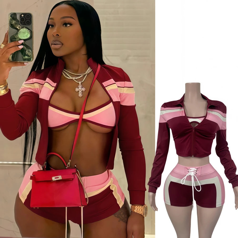 FAGADOER Sexy Sport 3 Pieces Set for Woman Color Block Long Sleeves Jacket + Tanks Top and Shorts Matching Female Beach Swimsuit