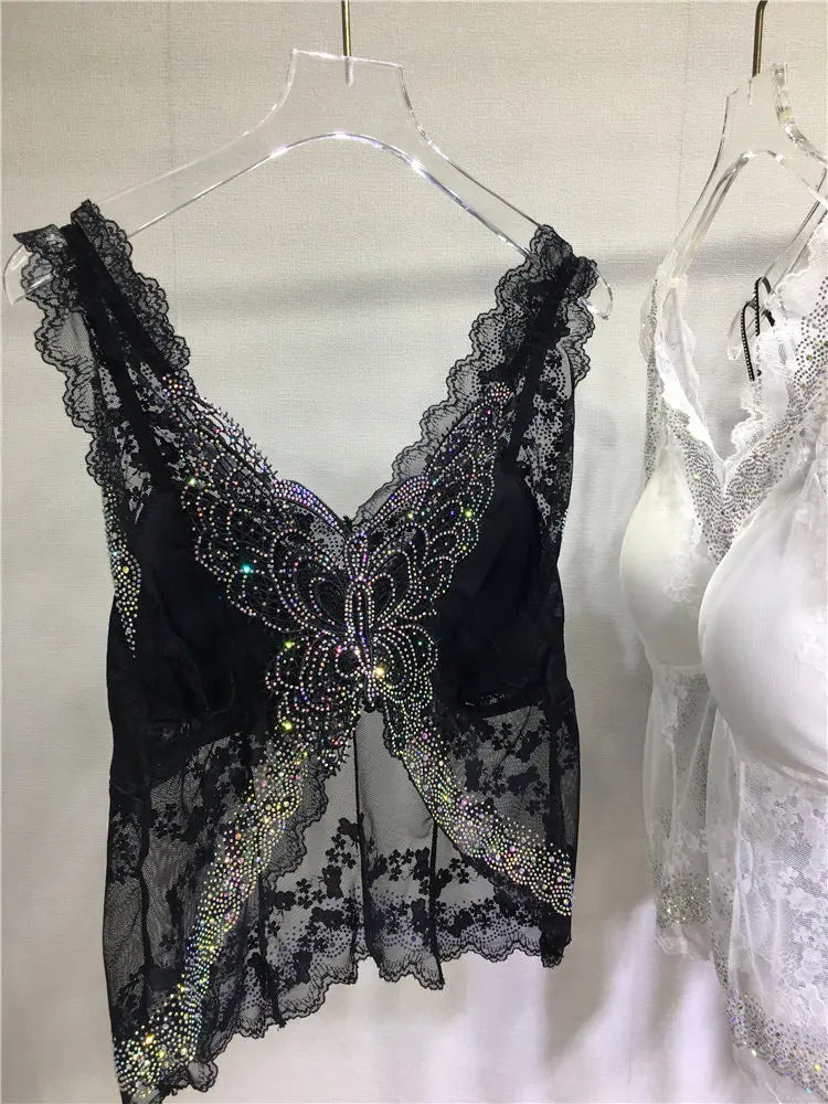 Back Beauty Black Camisole Women All-match Four Seasons V-neck Tanks Top Sexy V-neck Lace Splicing Hot Diamonds Slimming Camis