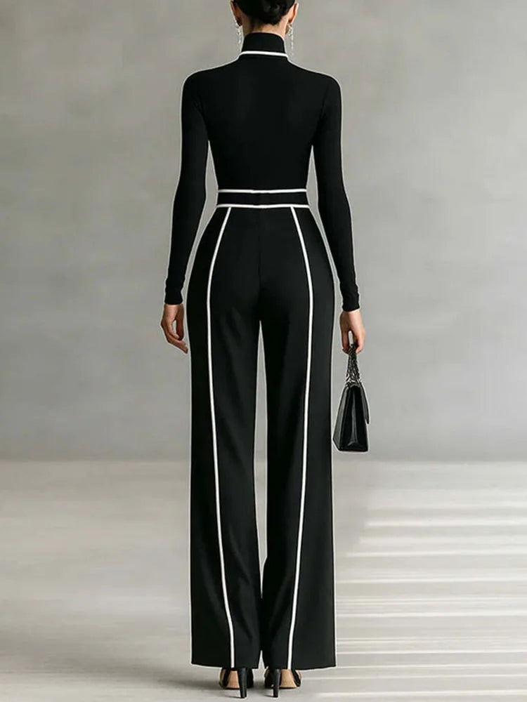 Vinage Contrast Color Slim Straight Outfit Women Casual Turtleneck Bottoming Top & High Waist Pants Set Autumn Long Sleeve Suits