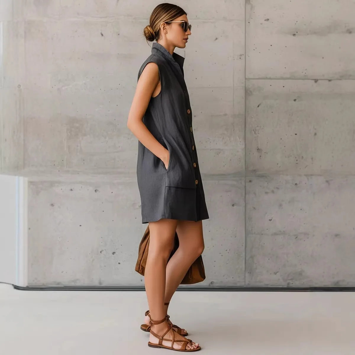 Solid Color Lapel Button Sleeveless Pocket Mini Shirt Dress for Women