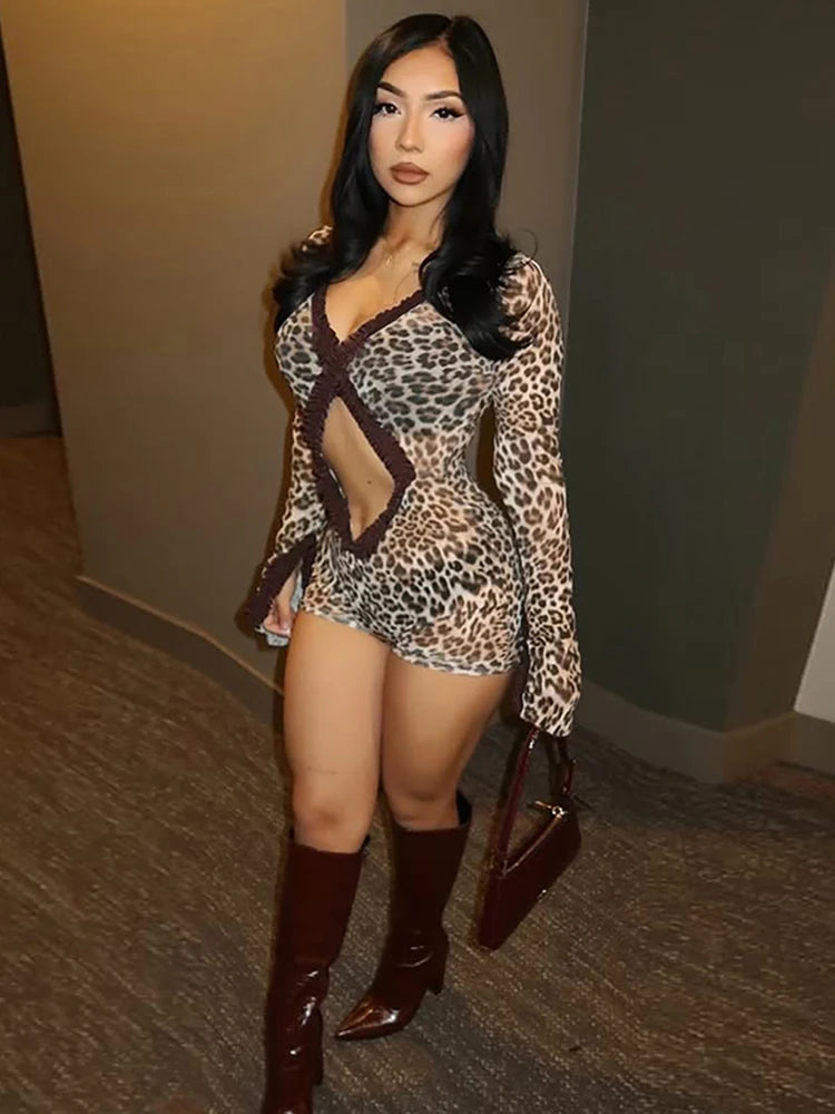 Leopard Print Sheer Ruffle Sleeve Romper for Women