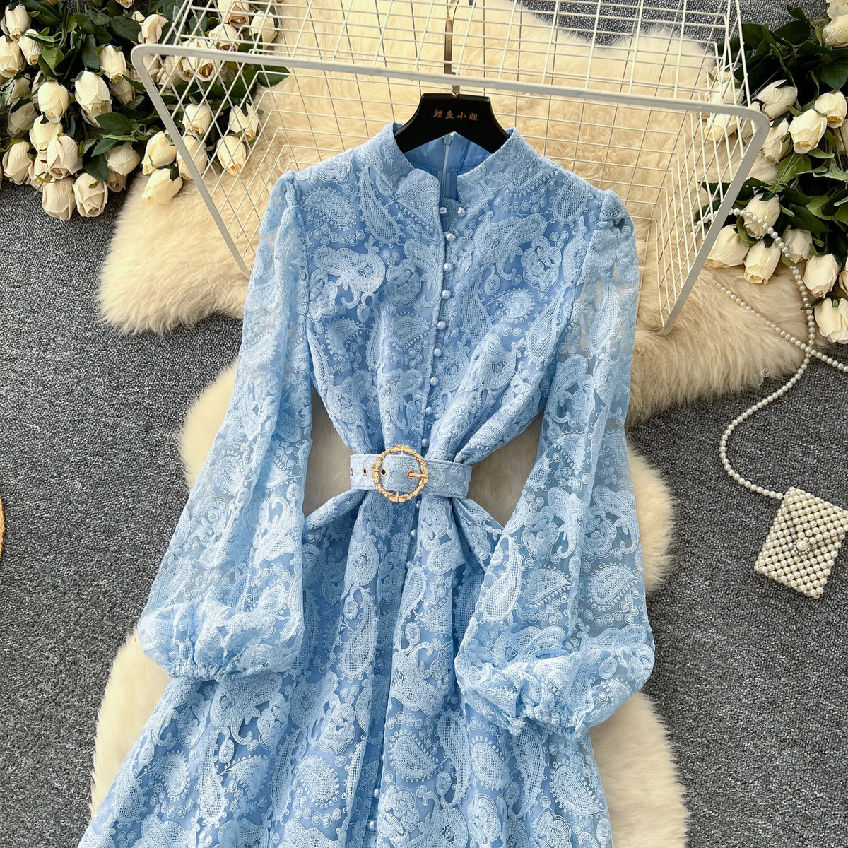 Crystal Belt Embroidered Maxi Dress