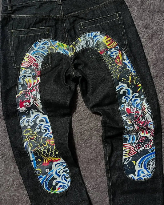 Japanese Harajuku Koi Cultural Style Trendy Brand Color Print Classic Jeans Men's Straight Slim Equipped Pants Couple Clothing